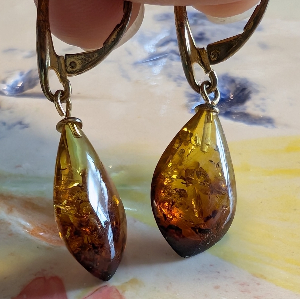 Amber Teardrop Earrings with Silver Hooks - Picture 6 of 6